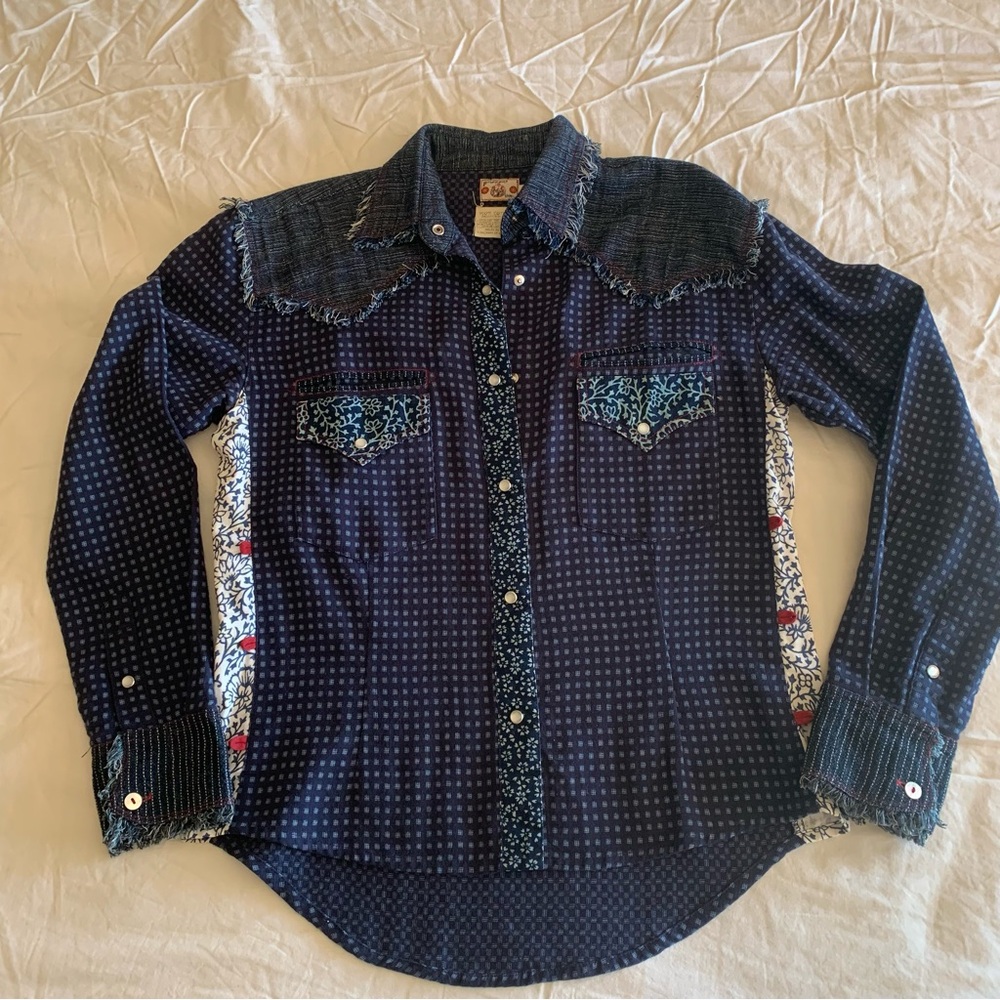 Boho Patchwork Navy Button-Down Shirt with Contrast Trim